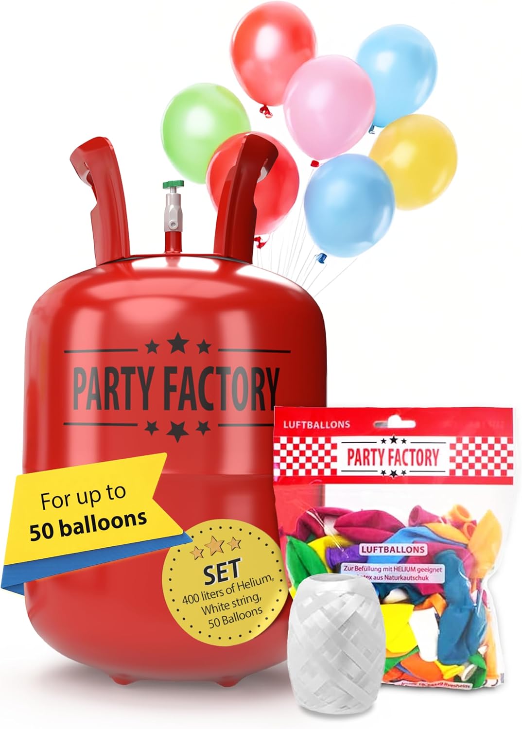 Party Factory Helium bottle for up to 50 Balloons incl. Latexballoons, Helium Cylinder 14 cu. ft. Gas with filling quantity for Balloons, Ideal for Party, Events