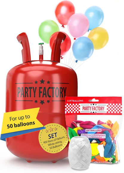 Party Factory Helium bottle for up to 50 Balloons incl. Latexballoons, Helium Cylinder 14 cu. ft. Gas with filling quantity for Balloons, Ideal for Party, Events