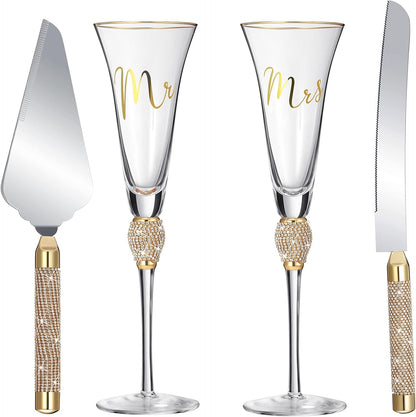 Boao 4 Piece Mr and Mrs Champagne Flutes and Cake Knife Server Set Crystal Wedding Toasting Flutes Rhinestone Cake Cutting Set for Bride and Groom Wedding Engagement Bridal Shower Gifts(Silver)
