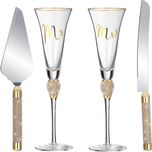 Boao 4 Piece Mr and Mrs Champagne Flutes and Cake Knife Server Set Crystal Wedding Toasting Flutes Rhinestone Cake Cutting Set for Bride and Groom Wedding Engagement Bridal Shower Gifts(Silver)