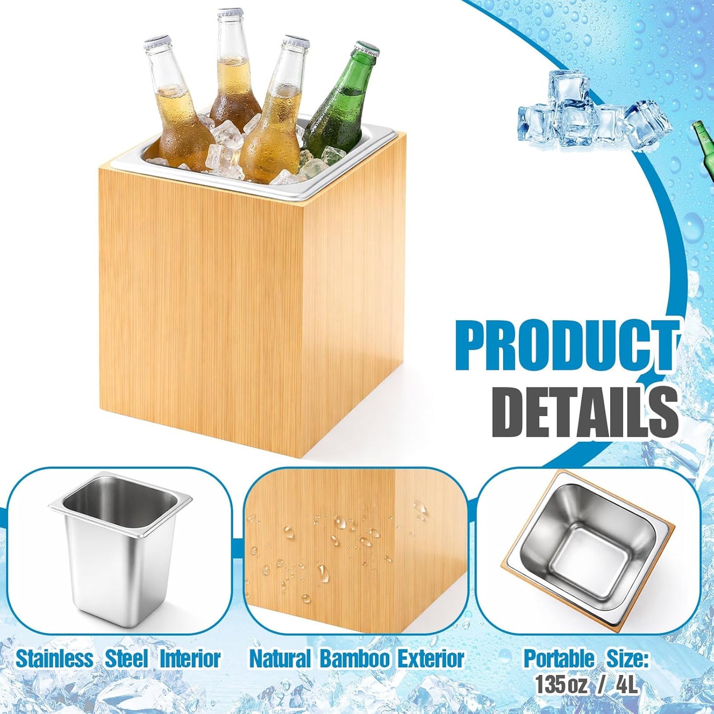 Ice Housing Bin with Removable Tray Ice Holder Container Wine Beer Champagne Drink Bucket Beverage Tub for Freezer Display Buffet Bar Counter Party Drink Chiller(Bamboo and Steel,21" X 13" X 5.5")