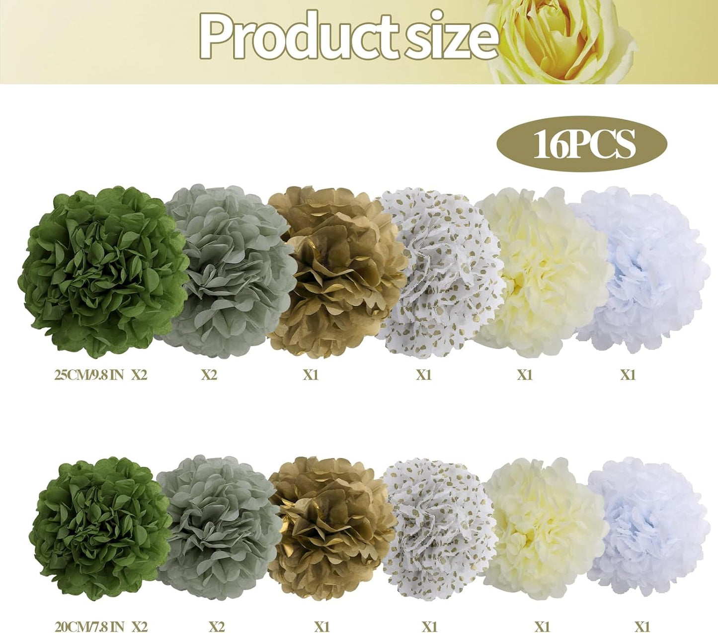 BestoFun 16 PCS Sage Green Party Decorations Tissue Paper Flowers Christmas Party Decors Hanging Pom Poms Decorations for Xmas New Year Winter Holiday Decorations