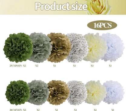 BestoFun 16 PCS Sage Green Party Decorations Tissue Paper Flowers Christmas Party Decors Hanging Pom Poms Decorations for Xmas New Year Winter Holiday Decorations