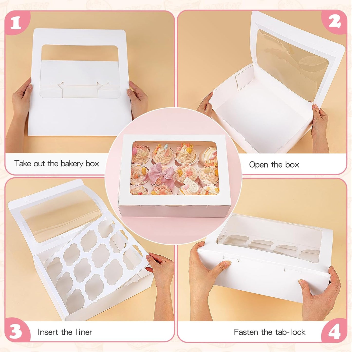 Moretoes 7 Pack Auto-popup Cupcake Boxes,12 Cupcake Containers, Bakery Carrier Boxes with Windows and Inserts for Grad Party Dessert Packaging (White)
