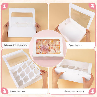 Moretoes 7 Pack Auto-popup Cupcake Boxes,12 Cupcake Containers, Bakery Carrier Boxes with Windows and Inserts for Grad Party Dessert Packaging (White)