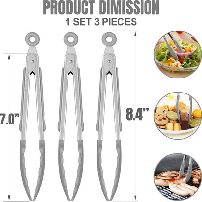 Hotec Mini Silicone Kitchen Tongs for Cooking - 7-Inch Small Serving Tongs with Silicone Tips, Set of 3 (Blue)
