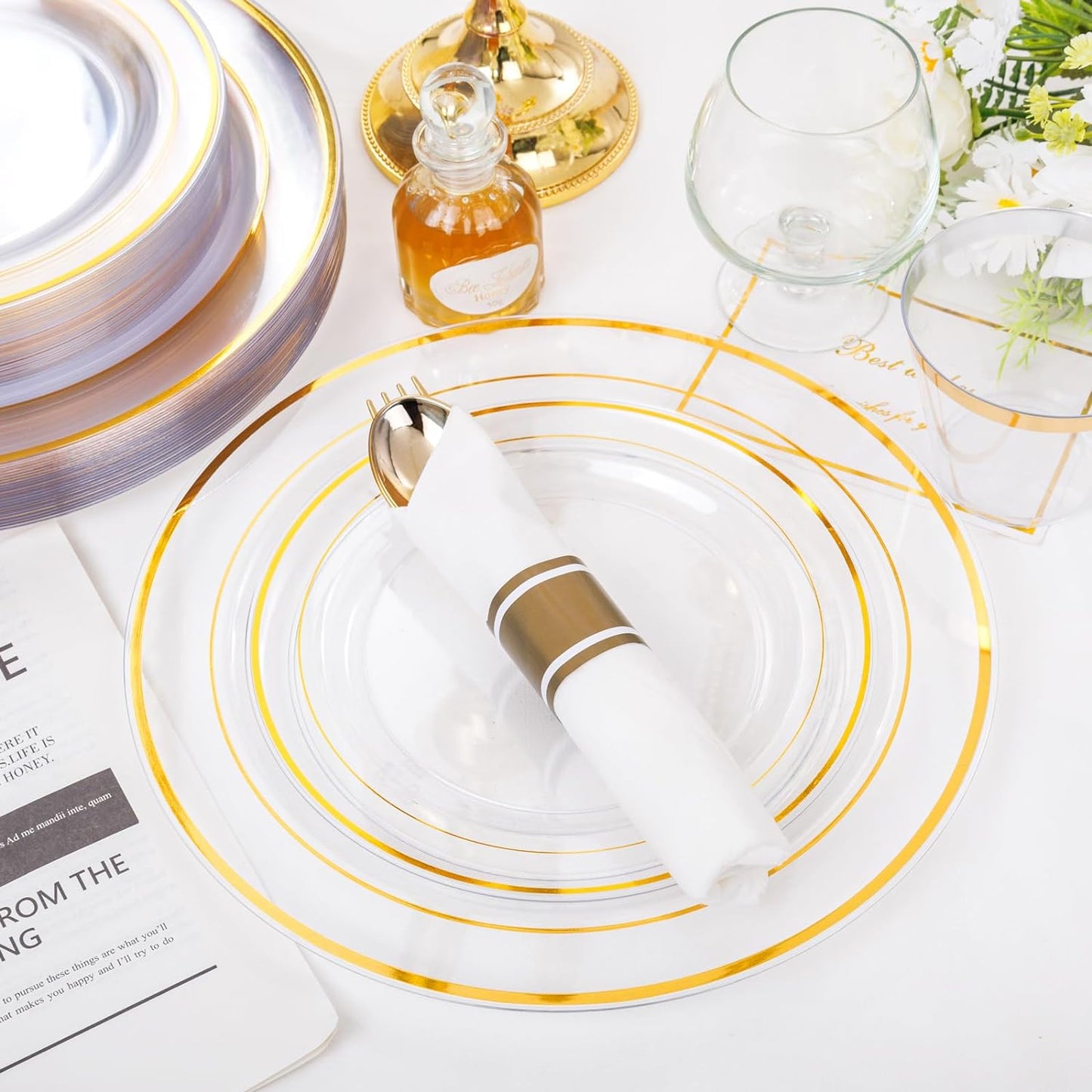 WELLIFE 350-Piece Gold Disposable Plates and Cutlery Set - Premium 10.25" Dinner Plates, 7.5" Dessert Plates, 9oz Cups & Cutlery for Weddings, Catering Events - 50 Guest Service - Elegant & Sturdy