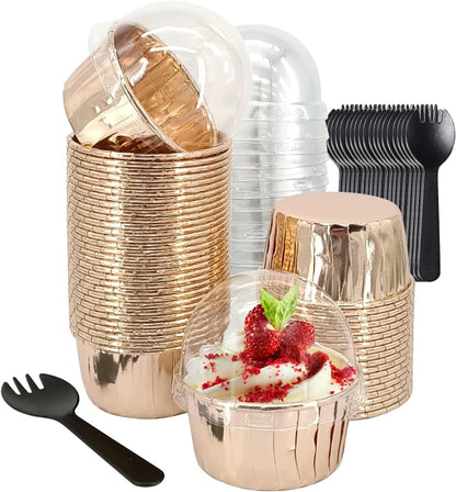 Cupcake Liners with Lids 50 Pack,LNYZQUS 5oz Large Foil Cupcake Cups Muffin Tins,Disposable Baking Cups Muffin Liners Wrappers Holders for Wedding Valentine-Pink in gold