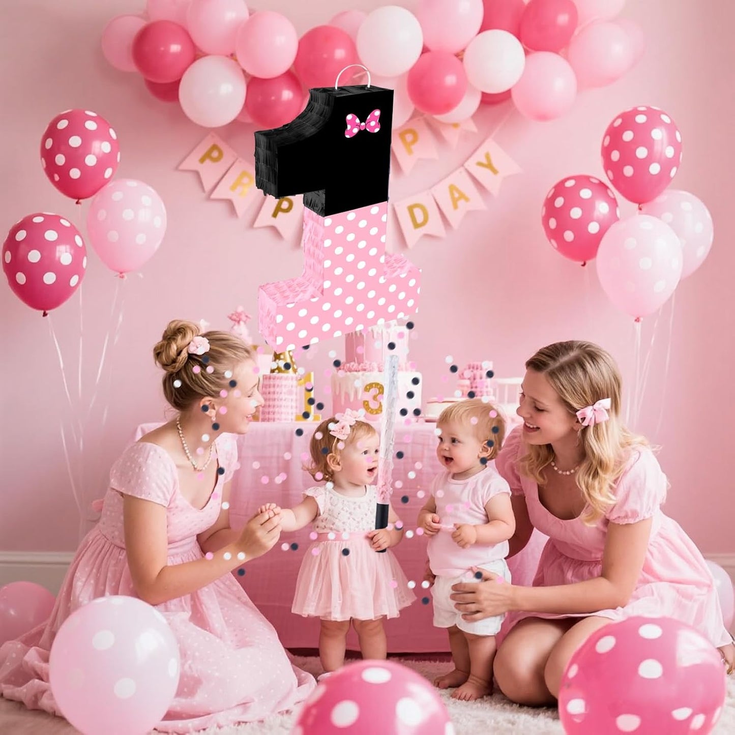 15.7 x 11.5 x 3 Inch Pink Bow Number 2 Pinata,Pink Bow Birthday Decorations, Fillable Hanging Piñata with Stick Blindfold Confetti for Girls Boys 2nd Anniversary Party Decorations