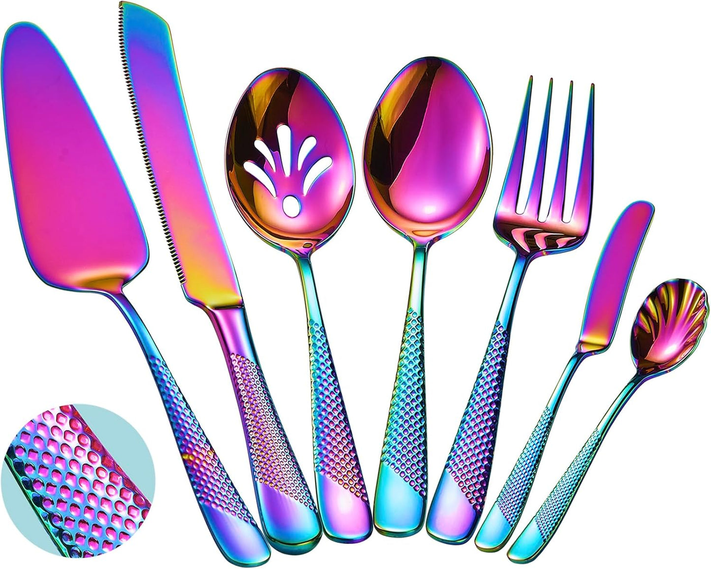 Xideman® 7-Piece Hammered 18/10 Stainless Steel Silverware Serving Utensil Set - Hostess Flatware with Cake Knife & Cake Server (Champagne Gold)