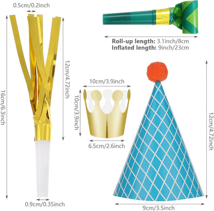 Skylety 59 Pieces Party Cone Hats with Colorful Blowers and Metallic Fringed Noisemakers Birthday Blowouts Horns Whistles Musical Noisemaker for Adults Birthday Party Supplies