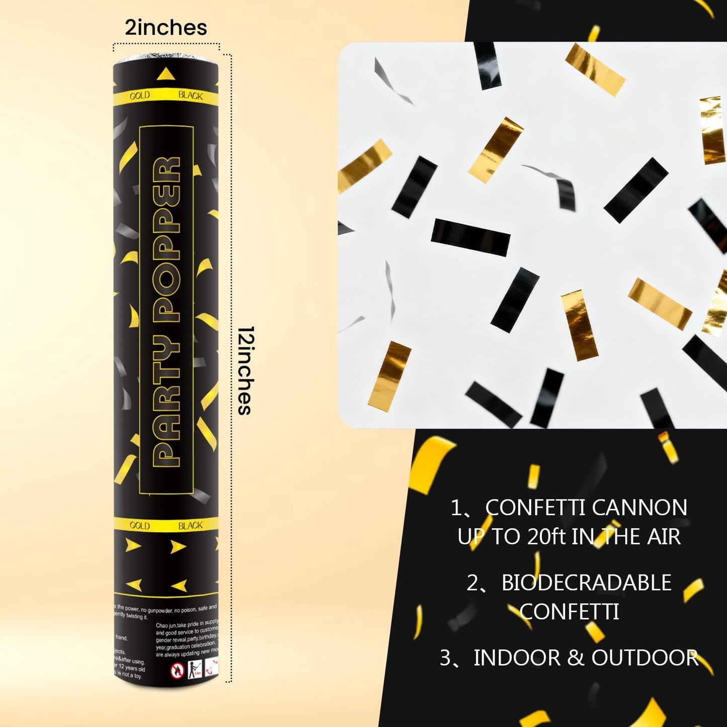 Confetti Poppers 12 Pack Confetti Cannon Black and Gold Party Confetti 12 inch Metallic Foil Golden Black Confetti Party Poppers Confetti Shooters for Birthday Wedding Graduation Christmas New Year