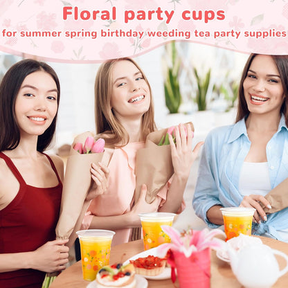 Hushee 60 Pcs Purple Floral Cups with Spring Summer Flower 16 oz Wildflowers Plastic Disposable Drinking Cups for Summer Spring Birthday Baby Shower Wedding Party Supplies