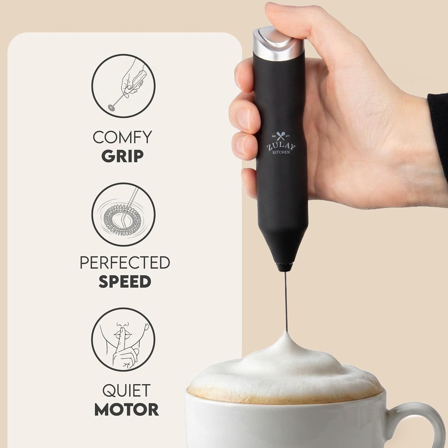 Zulay Kitchen Powerful Milk Frother AA Batteries Included – Ultra Fast Handheld Drink Mixer with Stainless Steel Whisk Stirrer for Coffee, Protein, Matcha & More, Frother Wand Electric Frothmate Black - Colors E