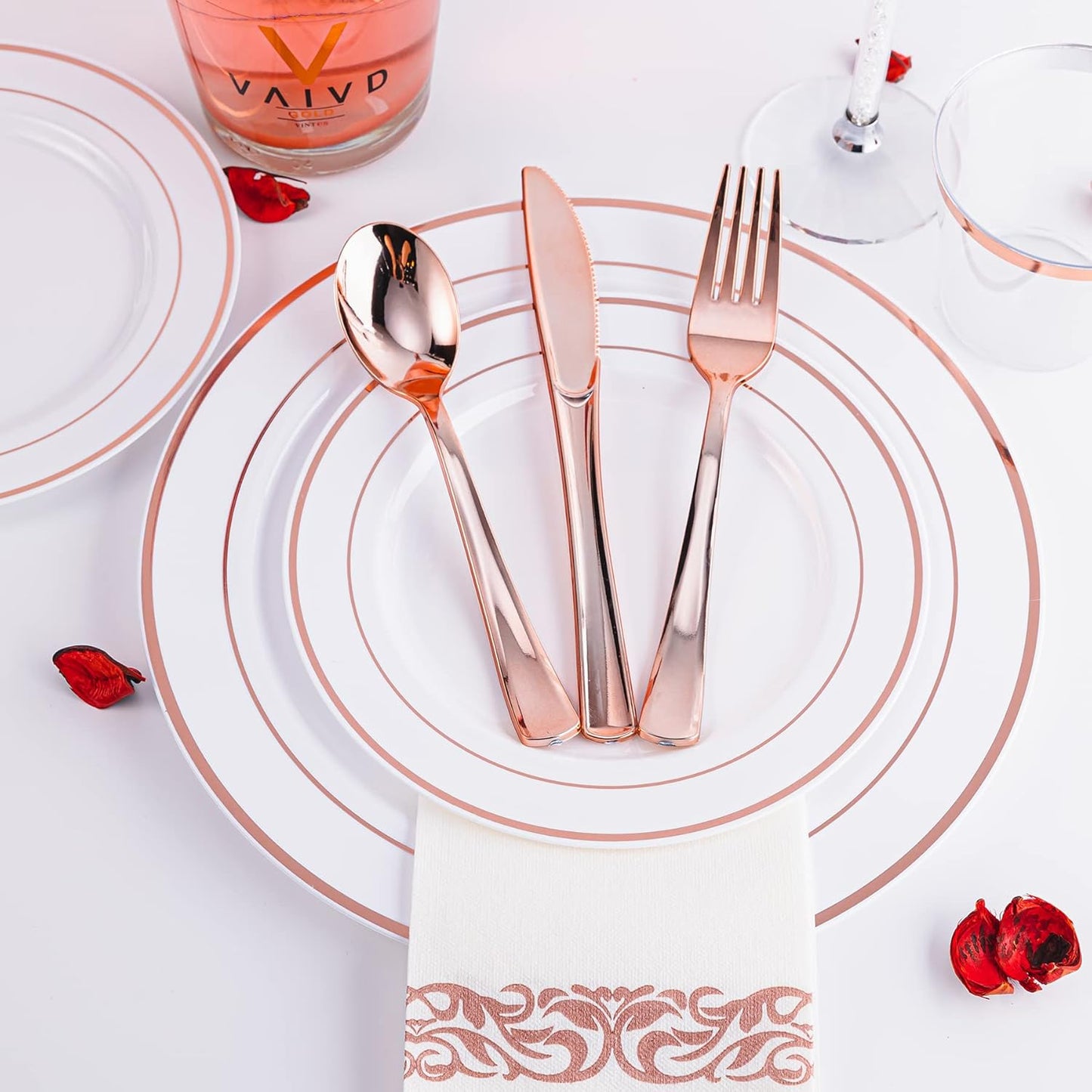 N9R 300PCS Gold Plastic Silverware, Heavy Duty Gold Plastic Cutlery Set Disposable Flatware Dinnerware, 100 Forks, 100 Spoons, 100 Knives, Perfect for Party, Wedding and Daily Use