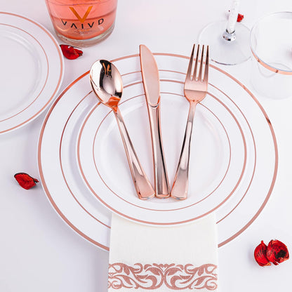 N9R 300PCS Gold Plastic Silverware, Heavy Duty Gold Plastic Cutlery Set Disposable Flatware Dinnerware, 100 Forks, 100 Spoons, 100 Knives, Perfect for Party, Wedding and Daily Use