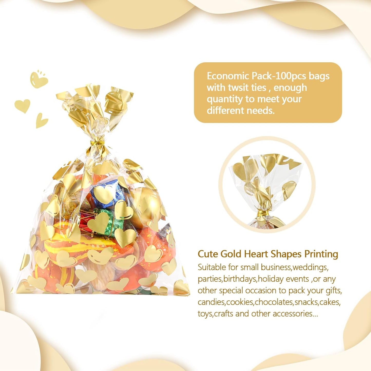 100 Pcs Star Printed 5"X 7" Gift Wrap Cello Cellophane Treat Bags Party Favor bags Clear Candy Cookie Bag Plastic Poly Goodie Storage Bag with Twist Ties for Bakery,Birthday, Wedding ,Party Decorations (Gold)