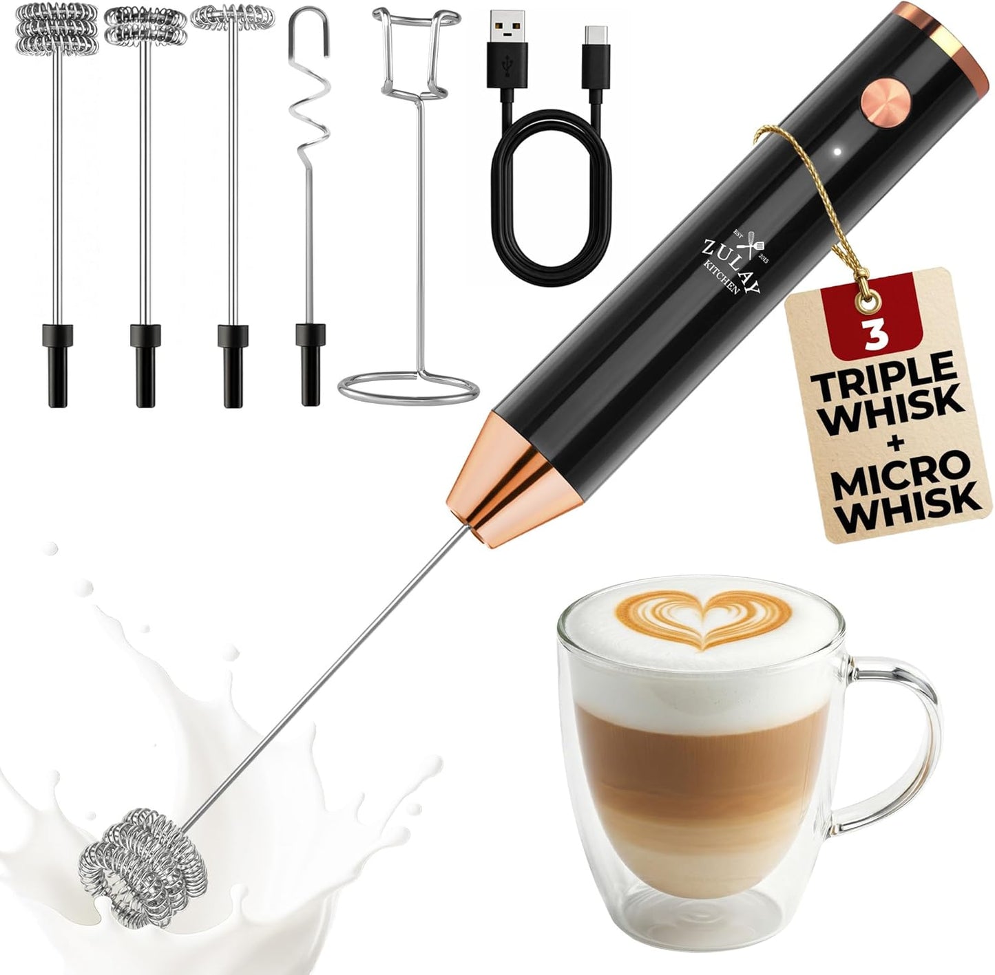 Zulay Kitchen Powerful Milk Frother Wand With Duracell Batteries - Ultra Fast Handheld Drink Mixer - Electric Whisk Foam Maker for Coffee, Lattes, Cappuccino & Matcha - Z1 Motor - Black - Colors A