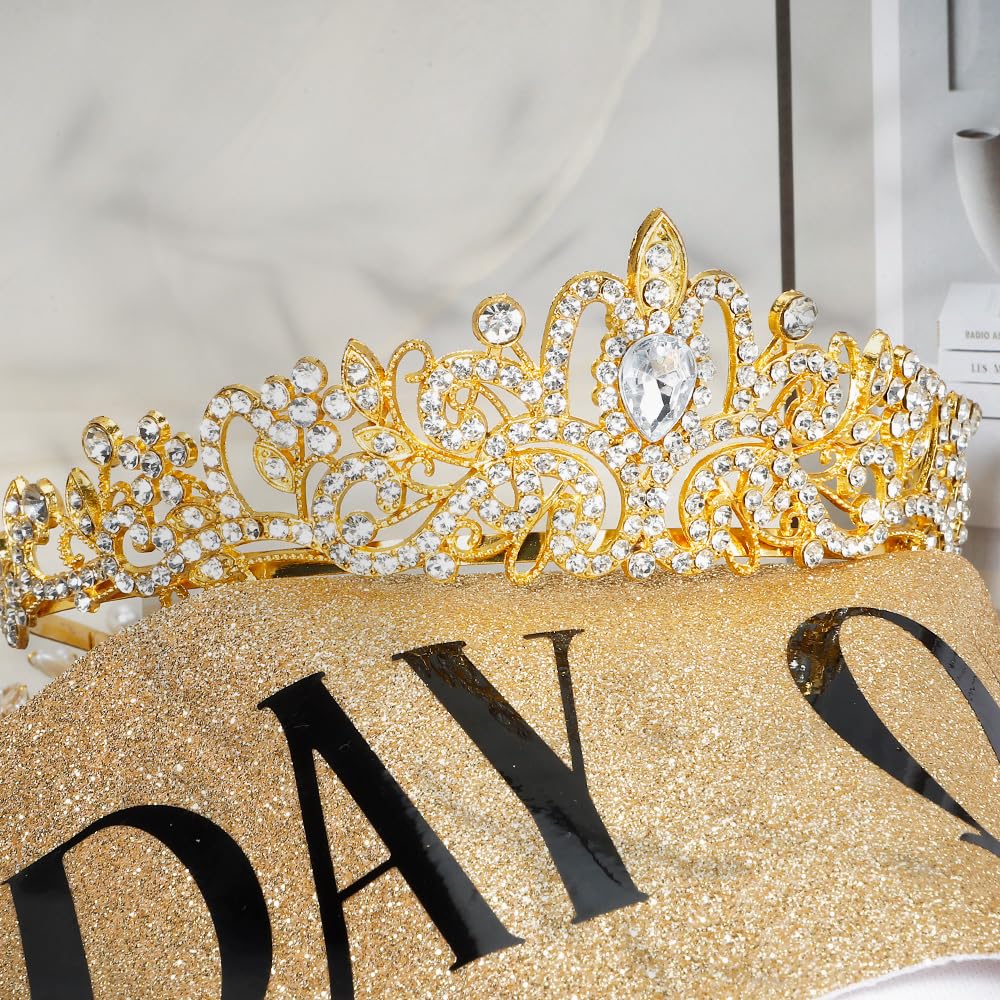 Birthday Sash for Women,Birthday Crown Tiaras for Women,Gold Rhinestone Queen Sash and Crown Tiara Headband for Party Decorations