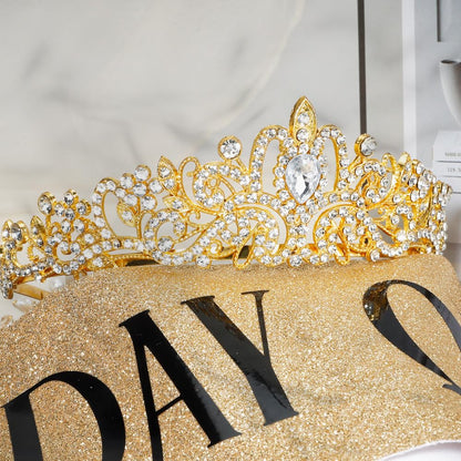 Birthday Sash for Women,Birthday Crown Tiaras for Women,Gold Rhinestone Queen Sash and Crown Tiara Headband for Party Decorations