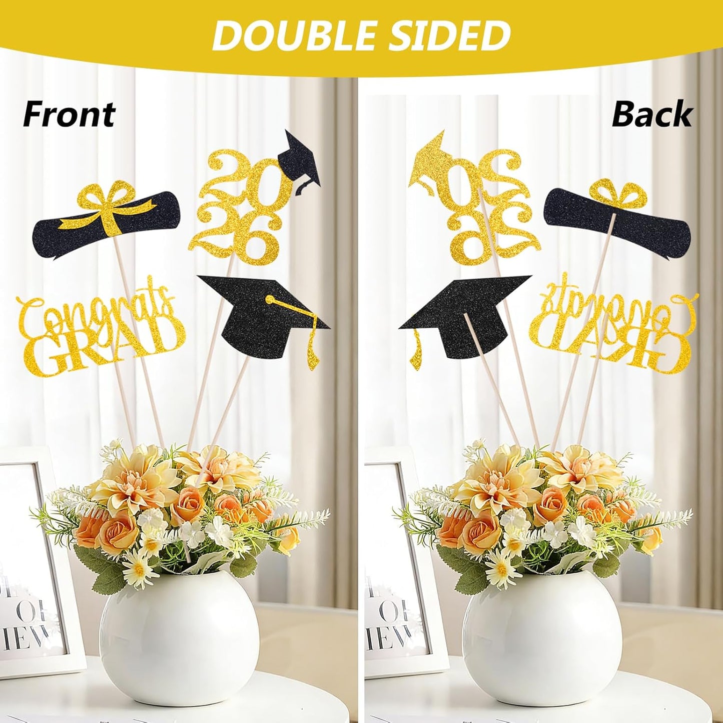 Graduation Decorations 2026, 16pcs Graduation Centerpieces for Table, Gold and Black Graduation Table Centerpieces Toppers, Class of 2026 Graduation Party Decorations Double Sided