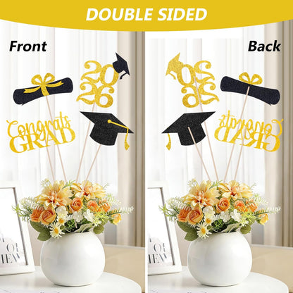 Graduation Decorations 2026, 16pcs Graduation Centerpieces for Table, Gold and Black Graduation Table Centerpieces Toppers, Class of 2026 Graduation Party Decorations Double Sided