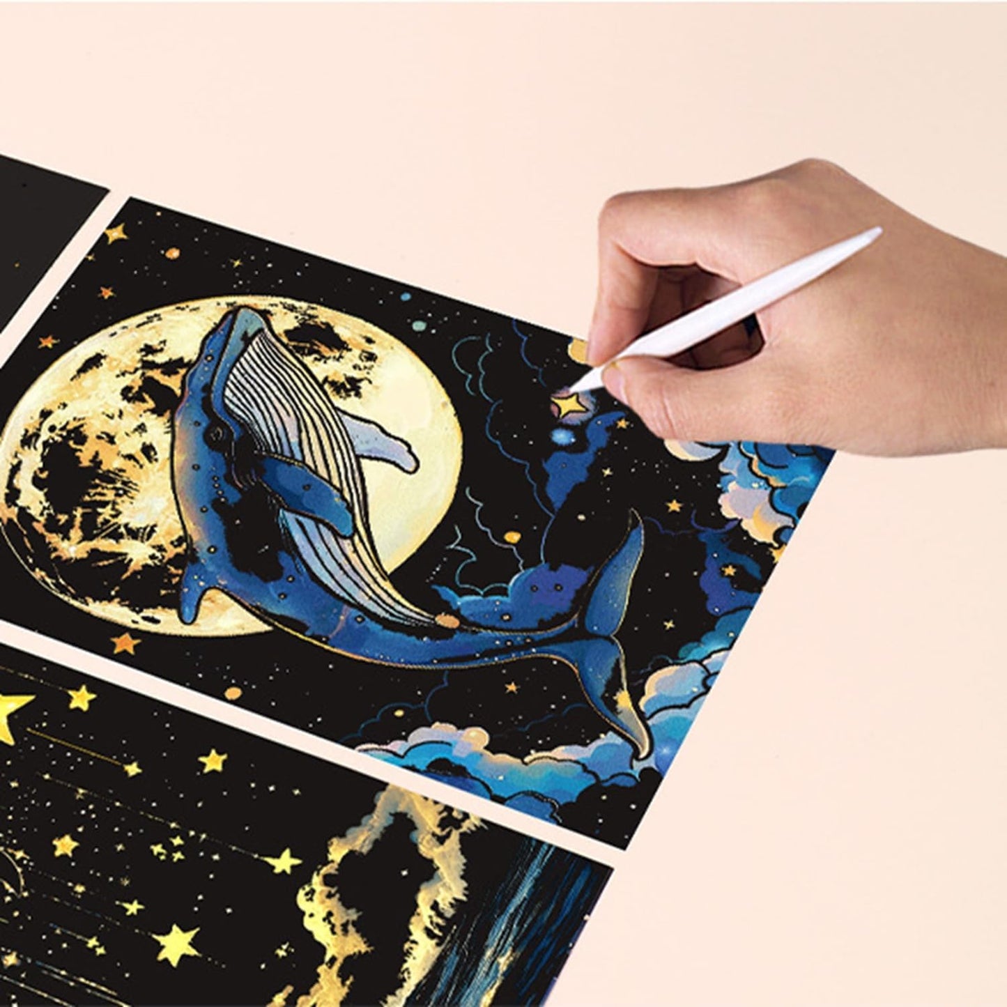 Georgie Porgy Scratch Paper Art Set for Kids Adults Magic Rainbow Scratchboards for DIY Arts and Crafts Kits Christmas Birthday Gift with Scratching Tools Kit (A4-Noctilucent Whale + Sea World)