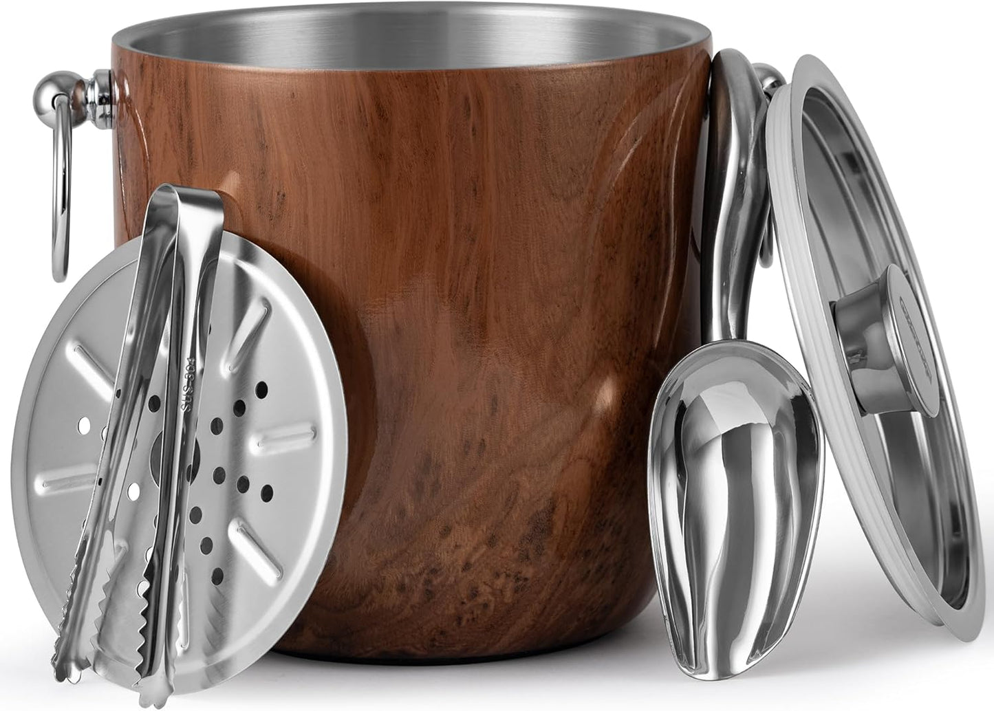 Insulated Ice Bucket, 3L Double Wall Stainless Steel Ice Bucket with Tongs,Lid, Scoop and Strainer, Ice Buckets for Parties,Cocktail Bars, Chilling Beer, Champagne, Wine Bottles,Wood