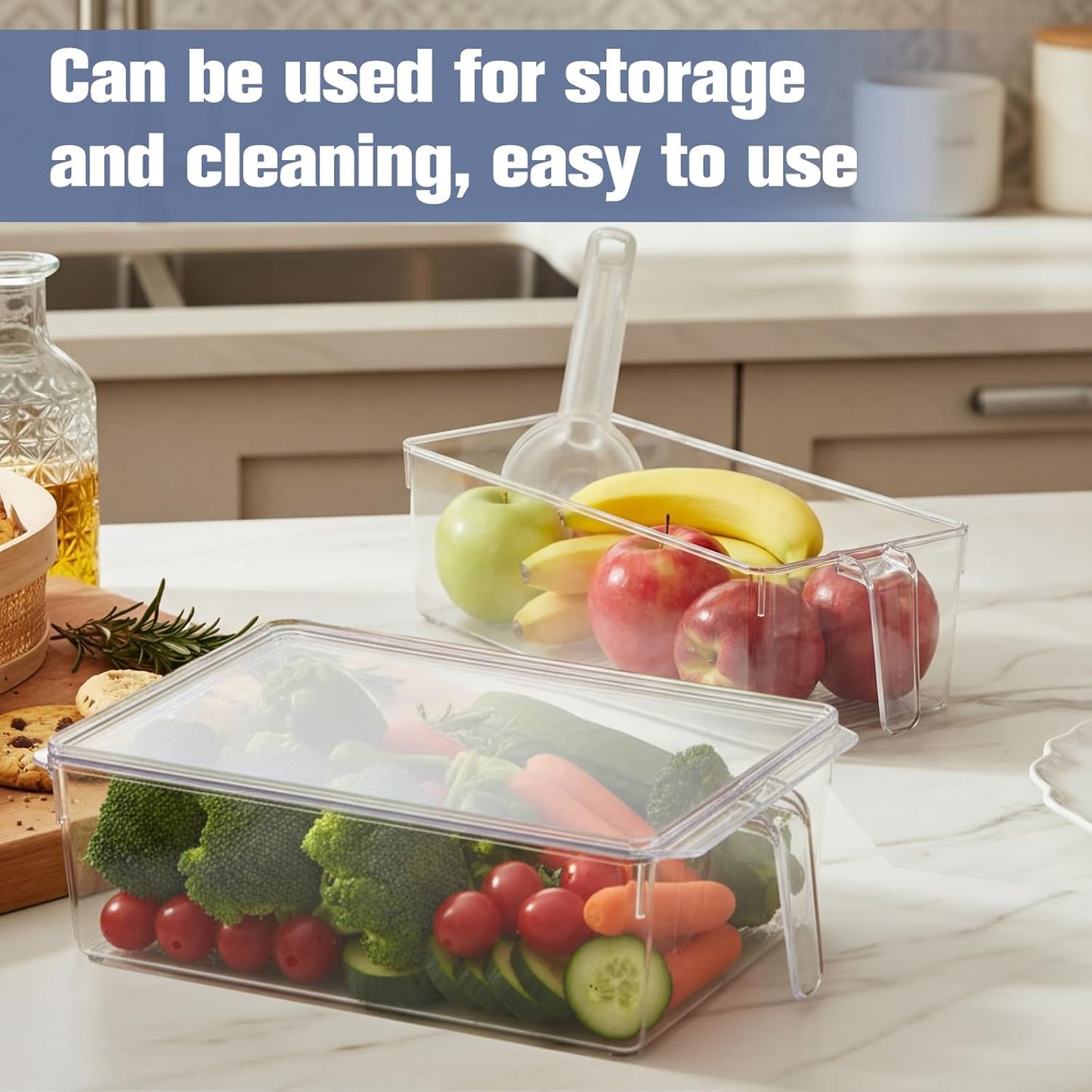 Havawish 4 Pcs Ice Storage Bin for Freezer with Lid and Flexible Scoop Set Plastic Ice Container with Lid Handle for Home Office Fridge Storage (12.4 x 8.07 x 3.94 Inches,Clear)