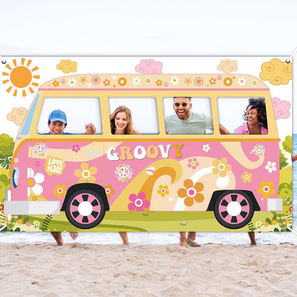Hippie Bus Photo Prop Groovy Birthday Party Decorations Large Fabric Groovy Van Prop Hippie Selfie Frame Backdrop Background Banner Birthday Supplies Retro Daisy 60s 70s Party Favors 65.8 x 35.4 Inch