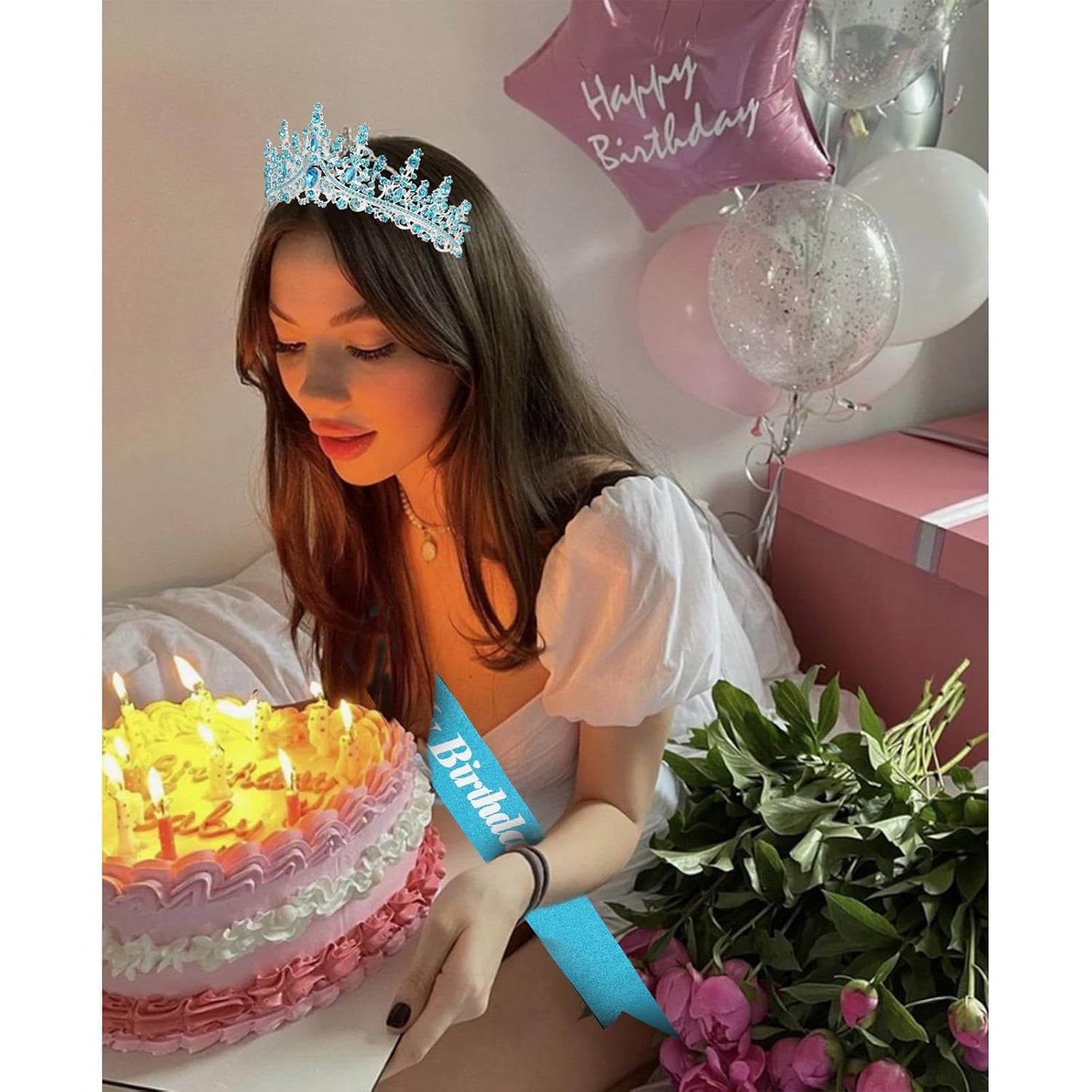 CURASA Birthday Tiara and Sash - Silver Birthday Crown for Women, Perfect for Parties and Celebrations
