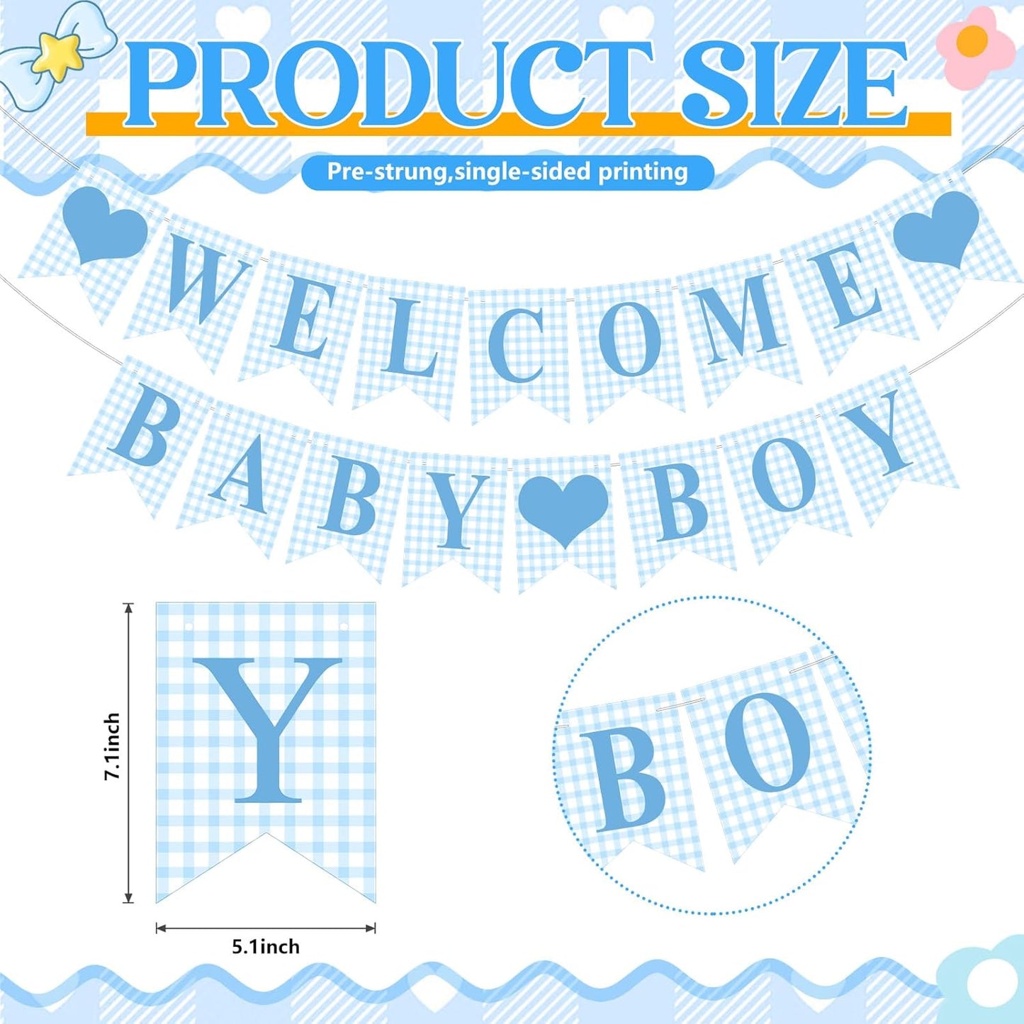 Hahafelt 1 Pcs Blue Gingham Welcome Baby Boy Banner for Baby Shower Party Decorations Pre Strung Gender Reveal Paper Banner for Table, Wall, Mantel Display Party Decor Supplies