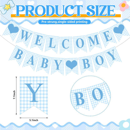 Hahafelt 1 Pcs Blue Gingham Welcome Baby Boy Banner for Baby Shower Party Decorations Pre Strung Gender Reveal Paper Banner for Table, Wall, Mantel Display Party Decor Supplies