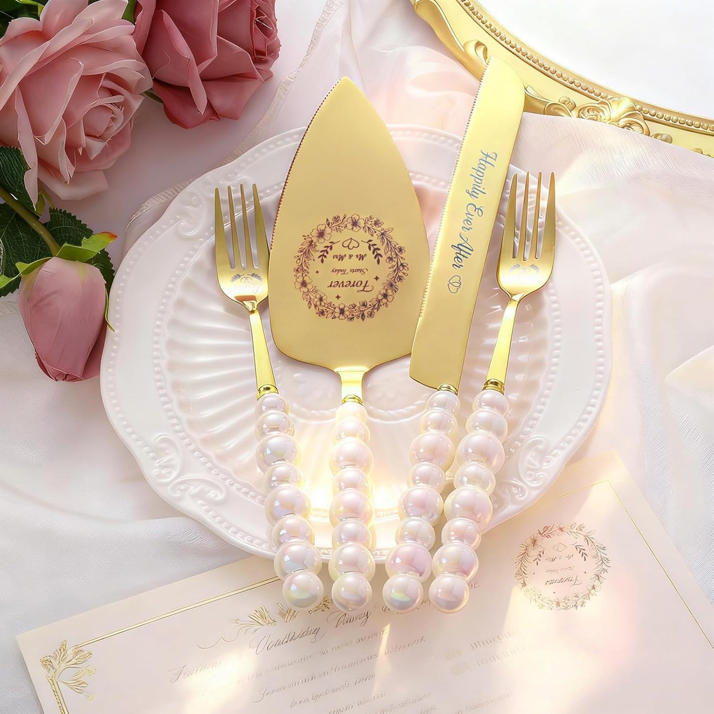 4 Piece Wedding Cake Cutting Set, Knife and Server with Forks, Elegant Wedding Cake Knife and Server Set for Bride and Groom(Gold)