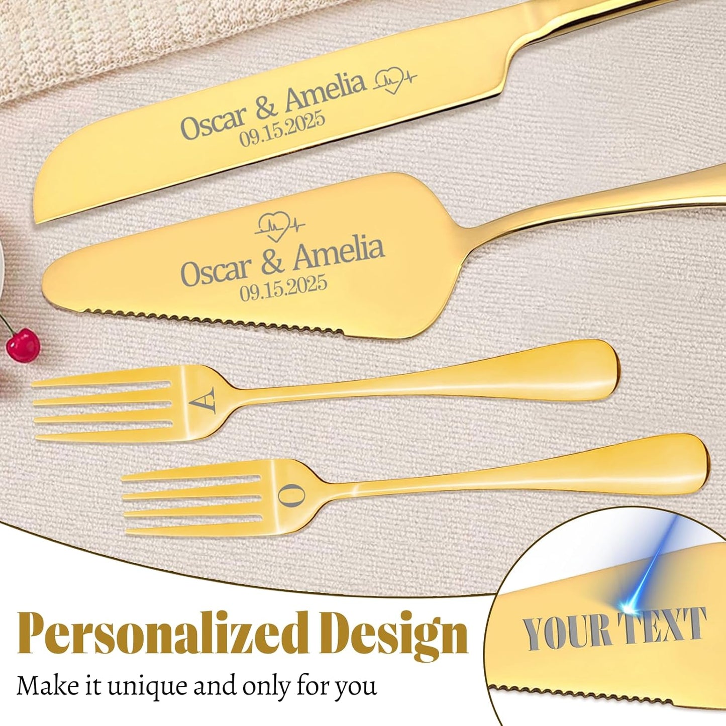 Personalized 4 Piece Cake Cutting Set for Wedding - Custom Cake Knife and Server Set with Forks, Cake Cutter Set Ideal for Wedding Anniversary Bridal Gifts (Silver)