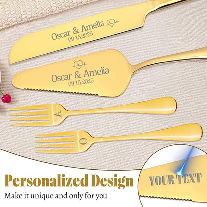 Personalized 4 Piece Cake Cutting Set for Wedding - Custom Cake Knife and Server Set with Forks, Cake Cutter Set Ideal for Wedding Anniversary Bridal Gifts (Silver)