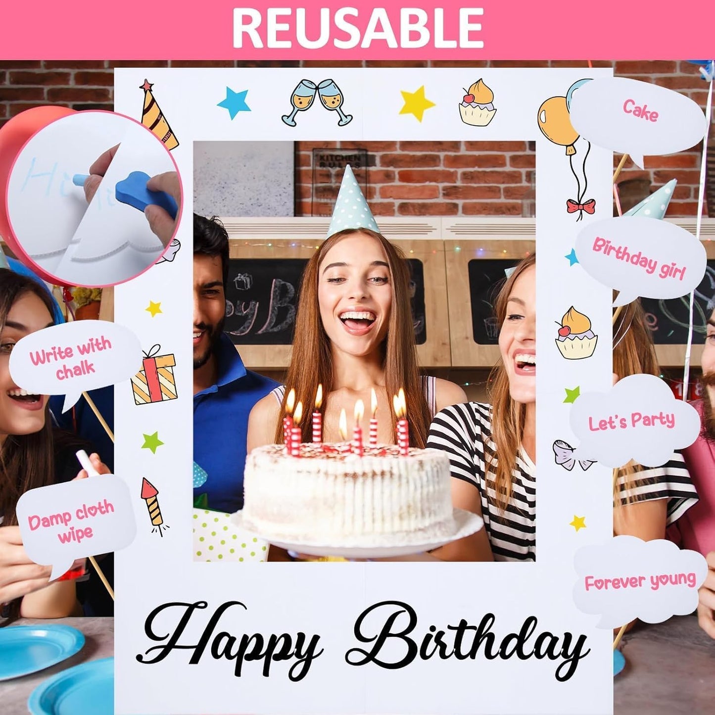 32 x 24 inch Blank Photo Booth Props DIY Happy Birthday Party Supplies Writable Picture Frame with Speech Bubble Signs Photo Booth Props for Valentine's Day Wedding Birthday Baby Shower Party Favors