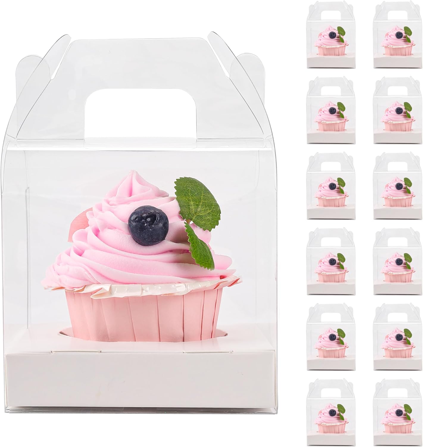12 PCS Individual Cupcake Containers Single Cupcake Boxes with Handle and Inserts Clear Plastic Favor Boxes