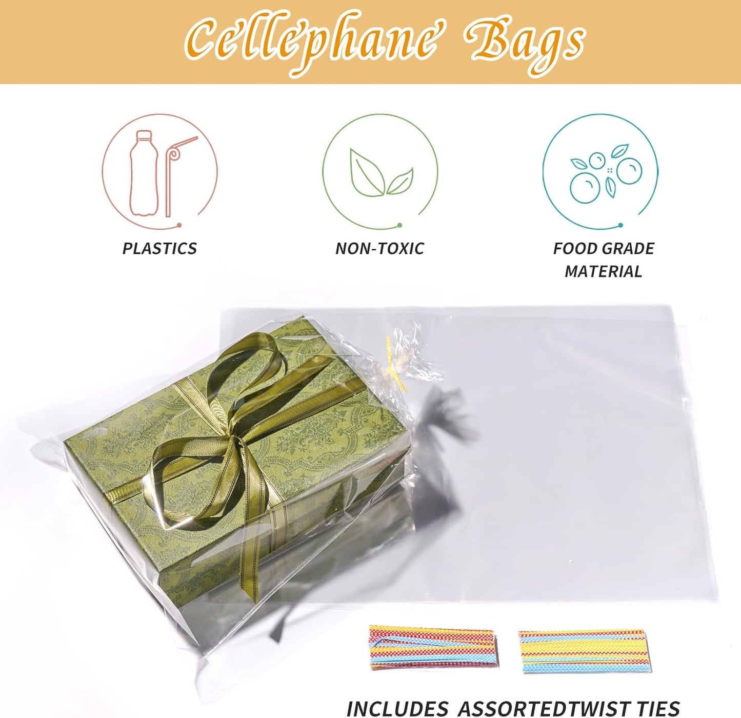 100 Pcs 10 in x 6 in Clear Flat Cello Cellophane Treat Bags Good for Bakery, Cookies, Candies,Dessert(by Brandon)1.4mil.Give Metallic Twist Ties!
