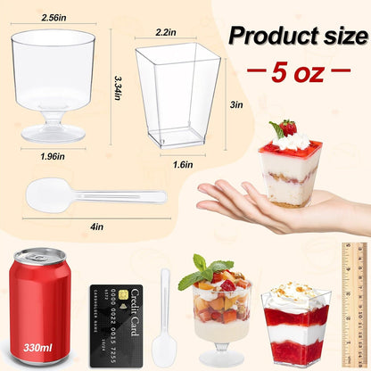 320-Pack Dessert Cups with Spoons 5 oz Mini Plastic Dessert Cups for Party Yogurt Parfait Jello Fruit Appetizer Cocktail Small Clear Reusable Square and Round Goblet-Shaped Dessert Bowls Shot Glasses