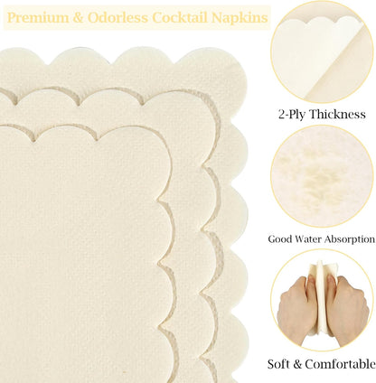 100 Pcs Cocktail Napkins, 2-Ply 5 x 5 Inches Disposable Scalloped Napkins, Thick Premium Dessert Napkins for Party, Wedding, Dinner, Birthday, Anniversary, Festival (Sage Green)