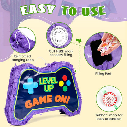 Video Game Piñata, Party Supplies Piñata with Blindfold and Bat Gaming Theme Piñatas for Kids Birthday Party Decorations (Blue)