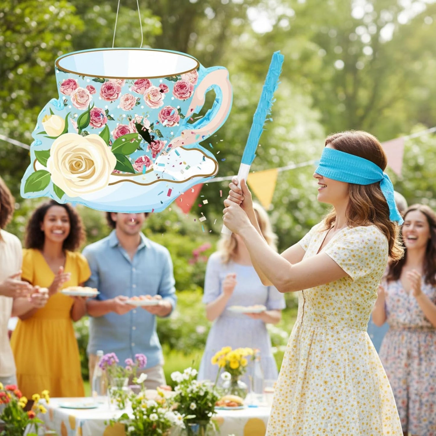 Aoriher 4 Pieces Tea Party Piñatas Tea Flower Themed Decorations Teapot Small Piñata Bundle with Blindfold and Stick Teacup Party Supplies Favors for Birthday(Pink,Teapot)