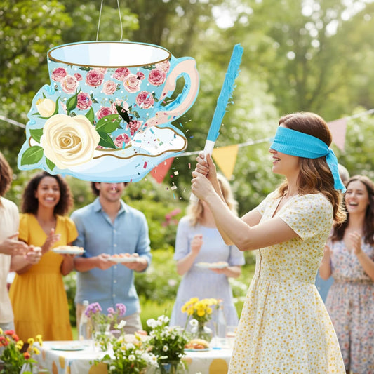 Aoriher 4 Pieces Tea Party Piñatas Tea Flower Themed Decorations Teapot Small Piñata Bundle with Blindfold and Stick Teacup Party Supplies Favors for Birthday(Pink,Teapot)