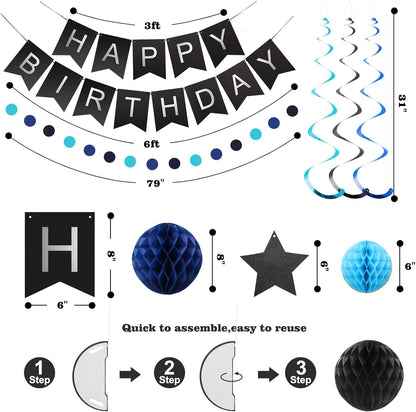 meowtastic Birthday Decorations, Happy Birthday Banner with Honeycomb Balls, Stars Hanging Swirl Streamers, Circle Dots Garland, Happy Birthday Party Decorations for Women Men Boys Girls (Blue)