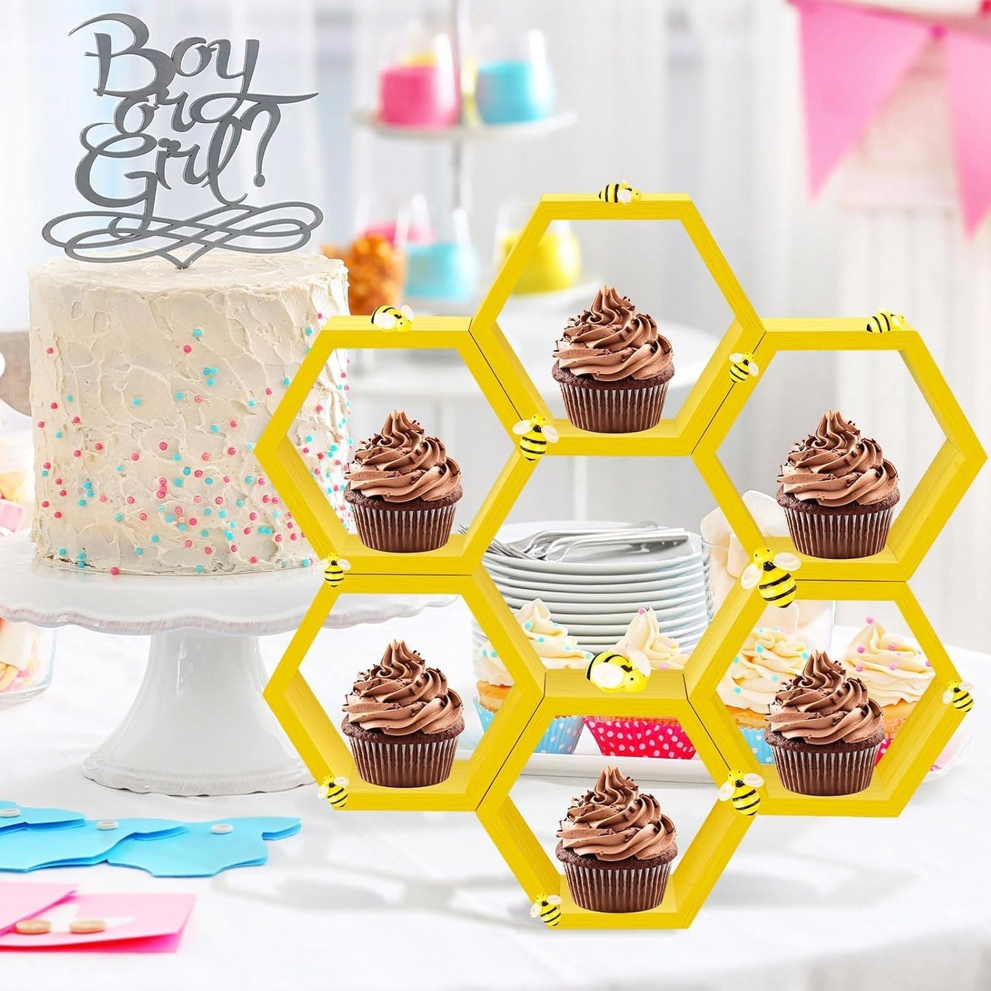 8 Pcs 4.13 Inch Honeycomb Cupcake Stand Cake Farmhouse Hexagon Display Holder Hexagonal Wood Cupcake Stand Floating Table Sign with Wooden Bee for Wedding Baby Shower Birthday Party Table Decorations