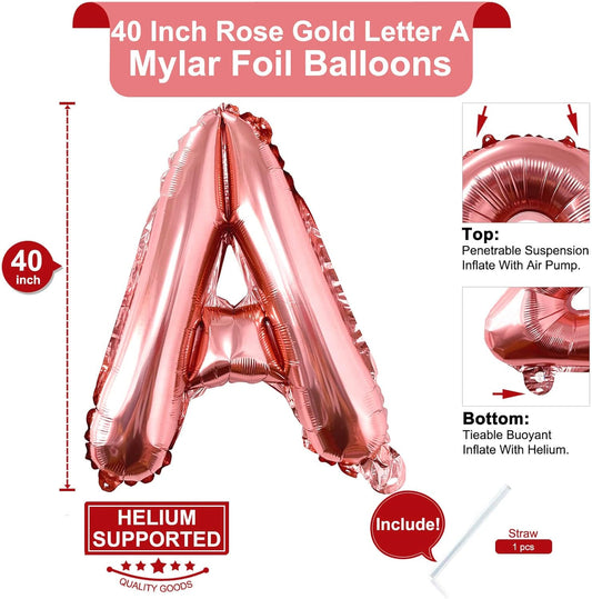 Lovoir 40 Inch Large Rose Gold Letter A Balloons Big Size Jumbo Mylar Foil Helium Balloon for Birthday Party Celebration Decorations Alphabet Rose Gold A