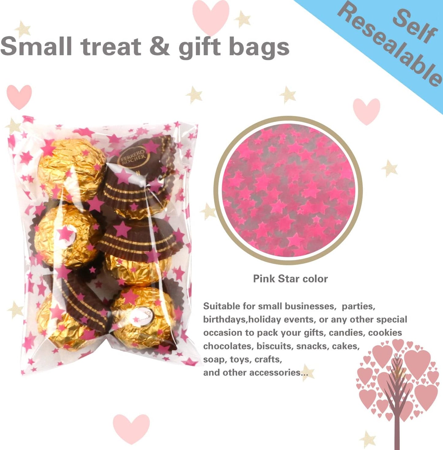 100 Pcs Star Printed 5"X 7" Gift Wrap Cello Cellophane Treat Bags Party Favor bags Clear Candy Cookie Bag Plastic Poly Goodie Storage Bag with Twist Ties for Bakery,Birthday, Wedding ,Party Decorations (Gold)