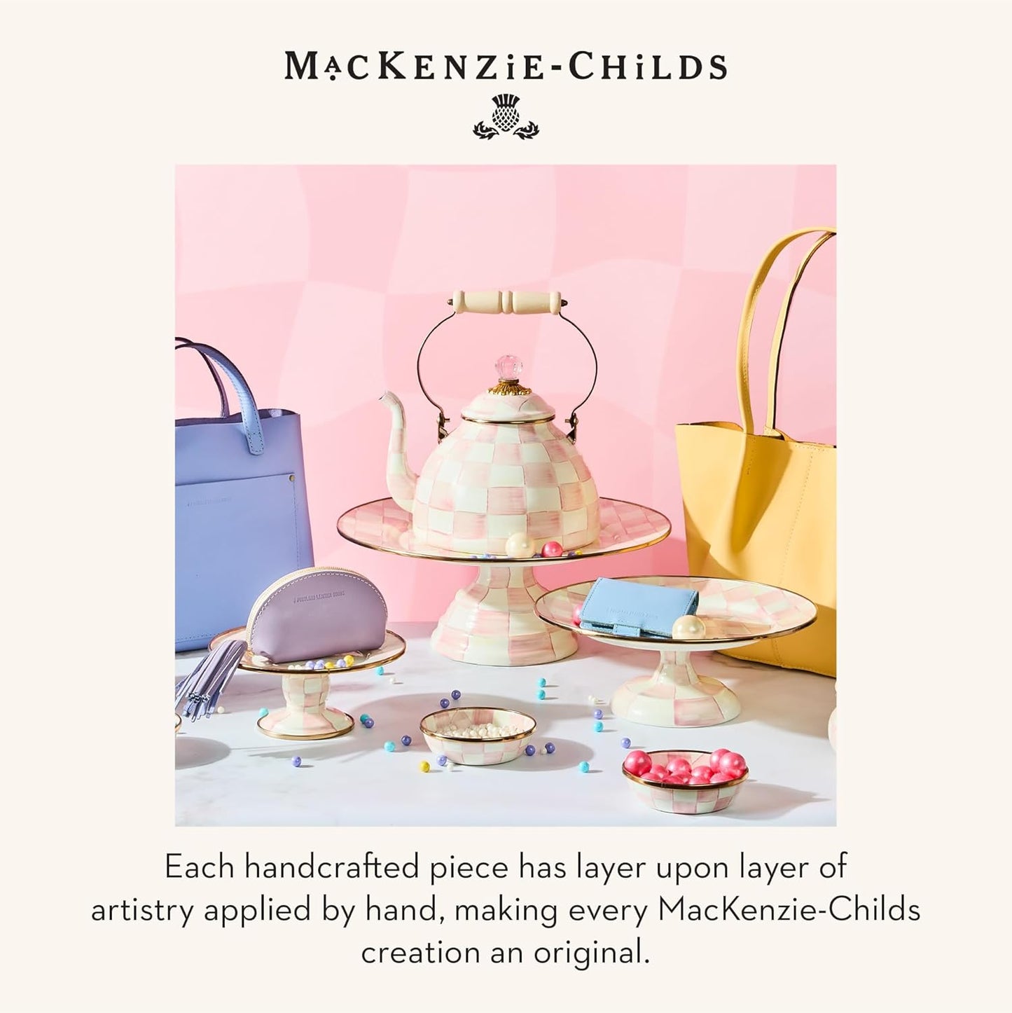 MACKENZIE-CHILDS Enamel Pedestal Platter, Round Cake Stand, Large, Black-and-White Courtly Check
