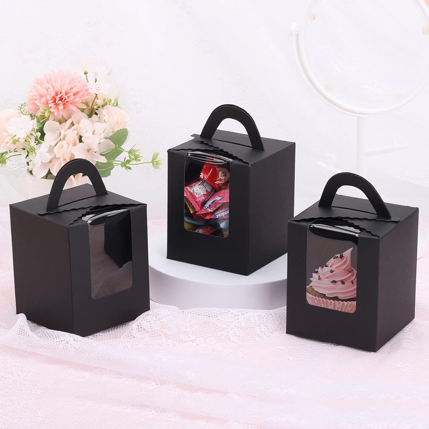 acDesign 100Pcs Cupcake Boxes With Window 3.6in*3.6in*4.3in Single Individual Cupcake Boxes With Handle and Inserts for Wedding Birthday Party Treats Gift,Black